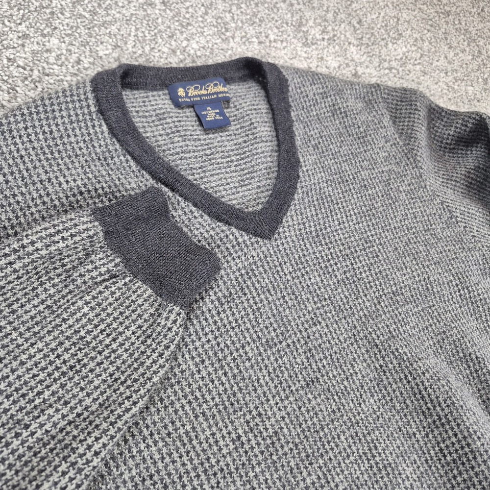 Brooks Brothers Sweater Mens XL Merino Wool‎ Black Houndstooth V-Neck
